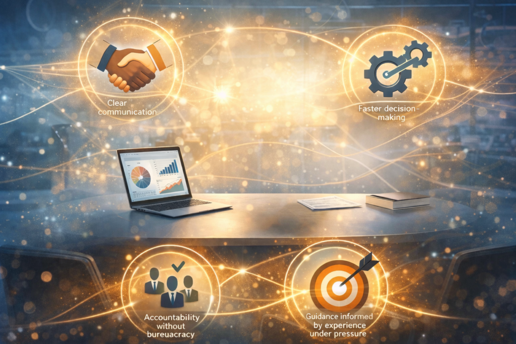 Advisory Approach 3 Abstract illustration representing direct executive advisory engagement, clear communication, accountability, and experienced decision-making
